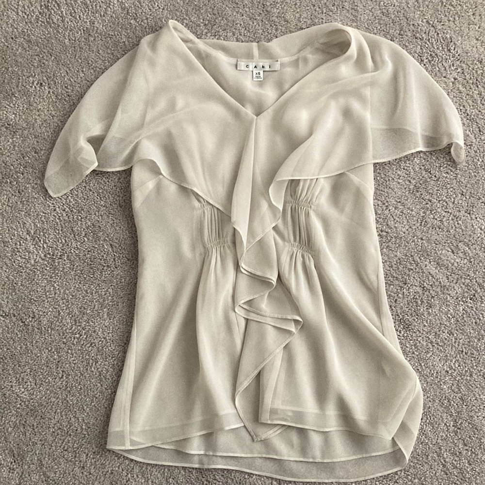 CAbi light taupe floaty blouse with capelet sleeves Style #814